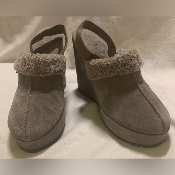 Brunello Cucinelli Suede Shearling Wedge Slingback Clogs Grey size EU 39 / US 9 - Picture 11 of 14